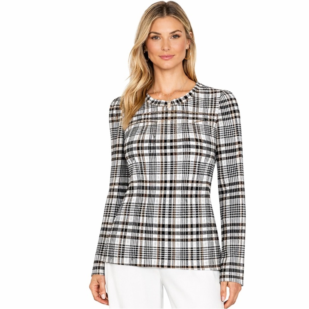 Ann Taylor Plaid Smocked Blouse XXS Long Sleeve Black White Ruffle Hem